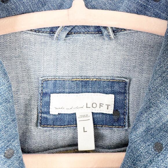 LOFT Collared Long Sleeve Polka Dot Denim Jacket Stretch Size Large L Preppy - Picture 2 of 12